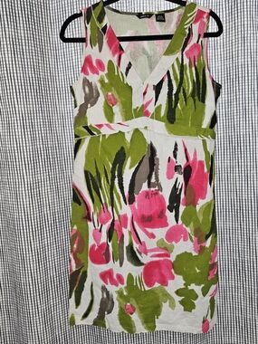 NWOT jaime..b Vintage Abstract Floral Linen Blend V-Neck Shift Dress Size S